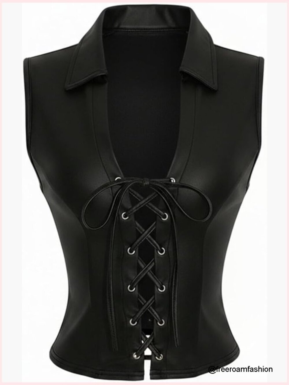PU Leather Lace Up Corset Crop Tank Top Punk Sleeveless Collared Fitted Night